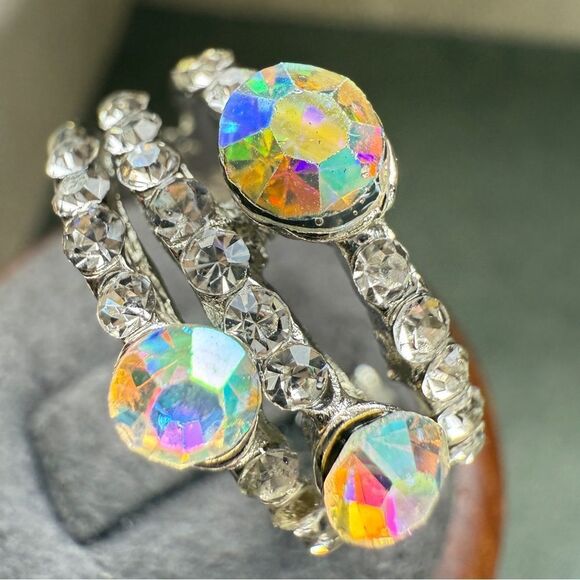 Adjustable Aurora Borealis Statement Ring Triple Band Silver Tone Sparkle - Picture 9 of 16